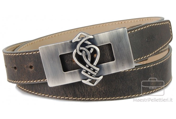 Cintura Vintage in pelle consumata, fibbia country 4cm (Petrolio)
