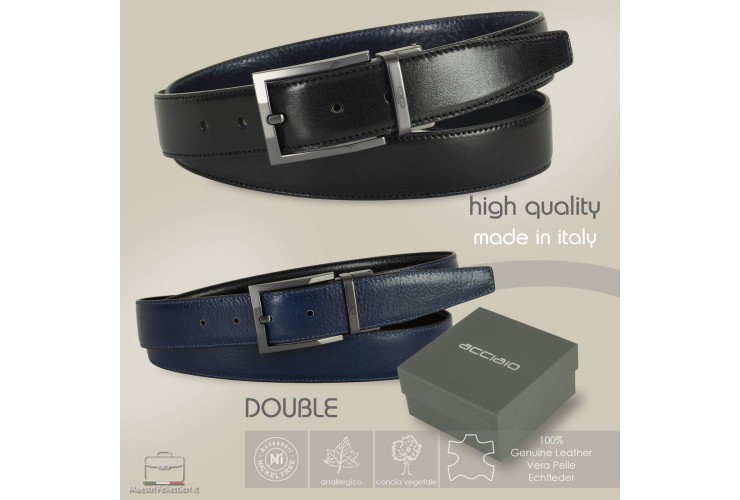 Reversible double face belt leather Black and Blue Emerald Reversible double face belt Emerald leather Black and Blue