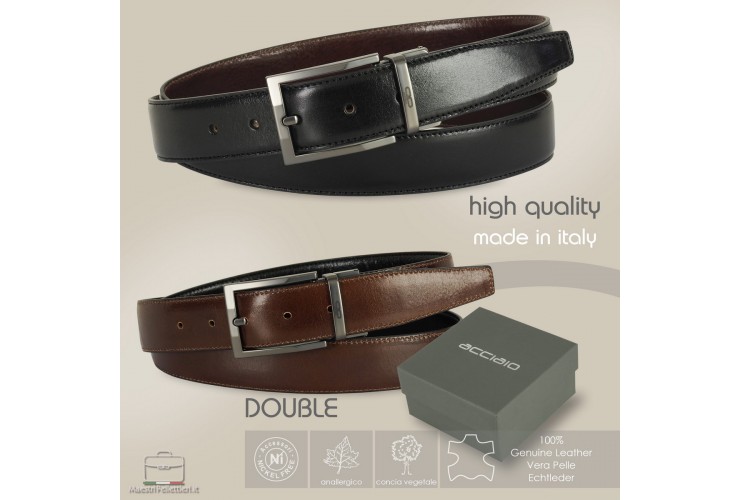 Reversible double face belt leather Black and Moka Emerald buckle Reversible double face belt Emerald, leather Black and Moka