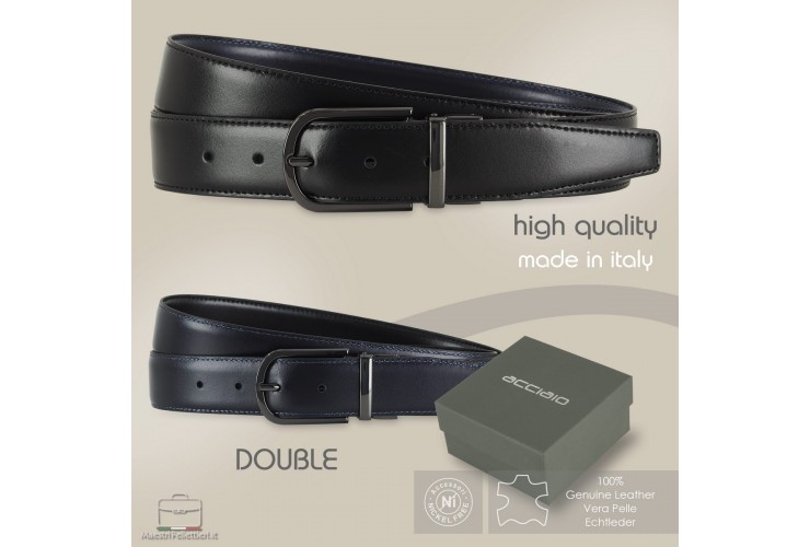 Reversible double face belt leather Black and Blue Reversible double face belt leather Black and Blue - Deluxe buckle