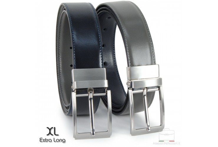 Cintura double face reversibile in pelle Blu e Grigio XL extra lunga
