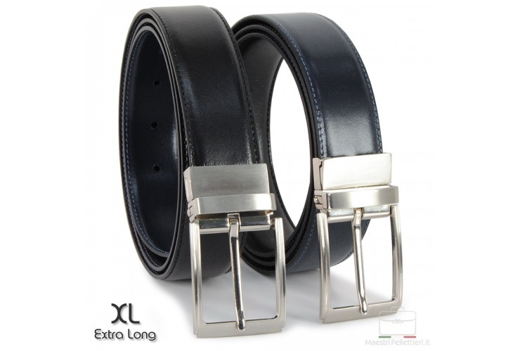 Cintura double face reversibile in pelle Nera e Blu XL extra lunga