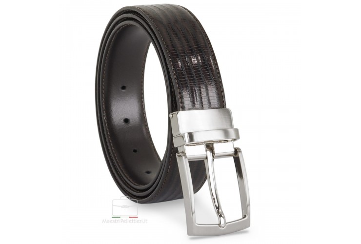 Dress Men's belt in lizard-print tejus, Brown Dress Men's belt in lizard-print tejus, Brown