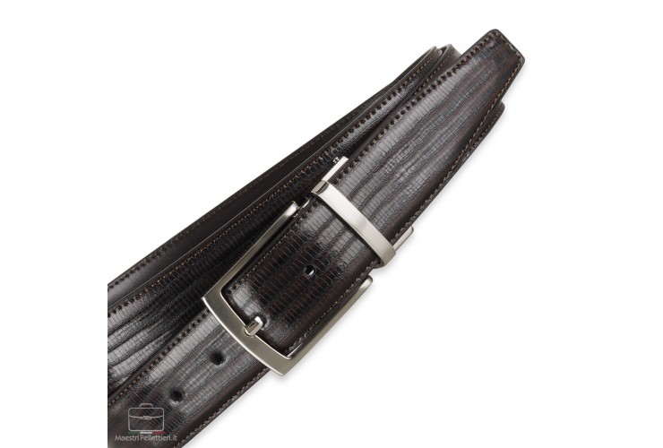 Dress Men's belt in lizard-print tejus, Brown Dress Men's belt in lizard-print tejus, Brown