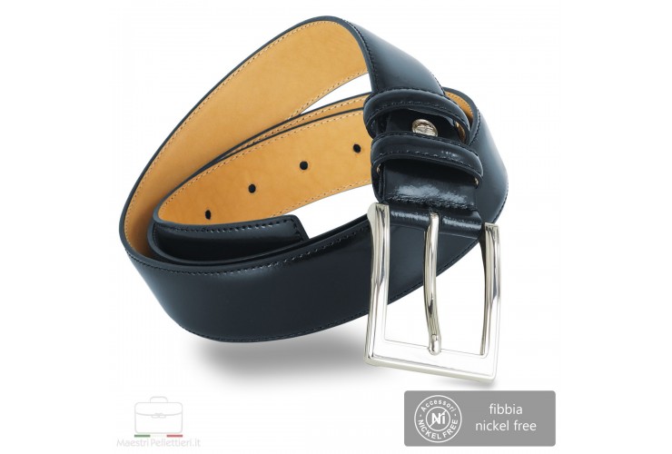 Cintura uomo elegante e da cerimonia in pelle spazzolata lucida, Blu scuro