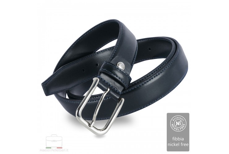 Elegant belt in slick leather for dresses and suits, 30mm Blue Elegant belt in slick leather for dresses and suits, 30mm Blue