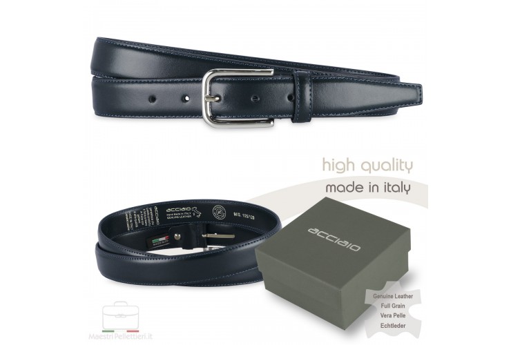 Elegant belt in slick leather for dresses and suits, 30mm Blue Elegant belt in slick leather for dresses and suits, 30mm Blue