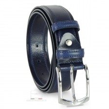 Men's Classic and Casual leather belt, shiny buckle - Blu