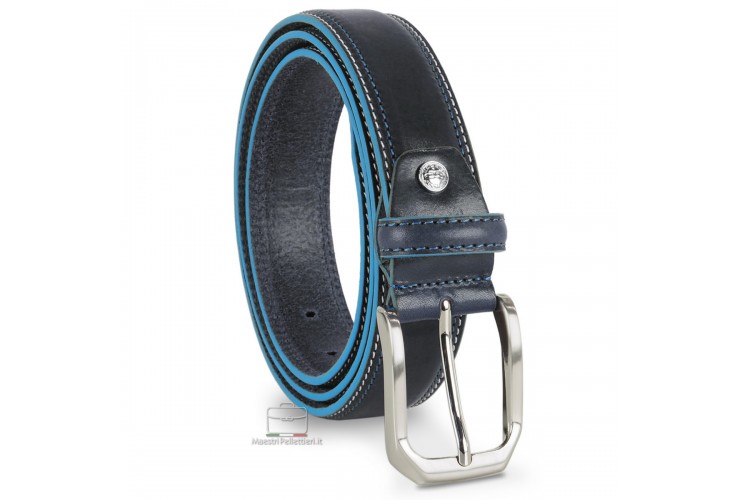 Men's belt in cowhide Blue with Blue edges