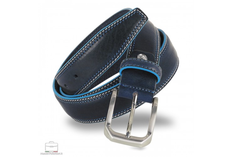 Men's belt in cowhide Blue with Blue edges