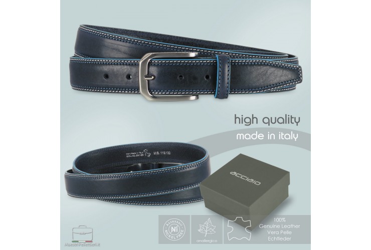 Men's belt in cowhide Blue with Blue edges