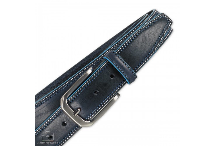Men's belt in cowhide Blue with Blue edges