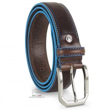 Cintura Uomo in cuoio Marrone con bordi celesti Cintura Uomo in cuoio Marrone con bordi celesti