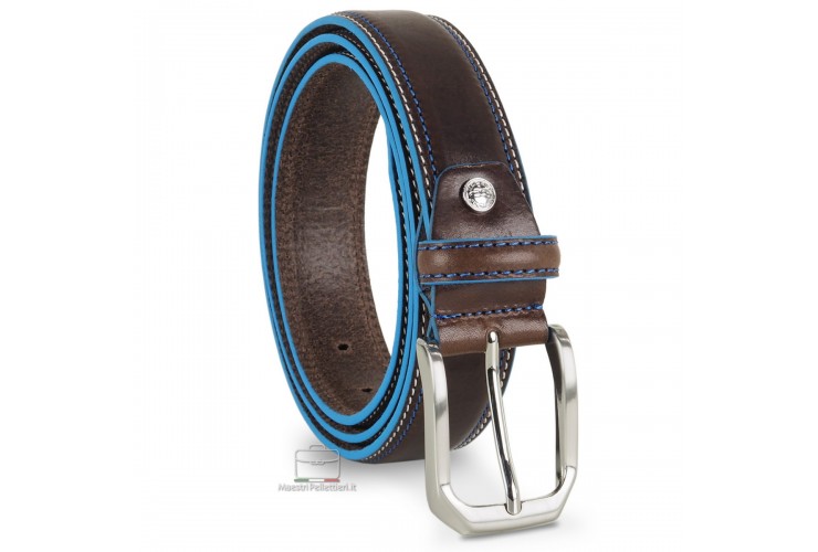 Cintura Uomo in cuoio Marrone con bordi celesti Cintura Uomo in cuoio Marrone con bordi celesti