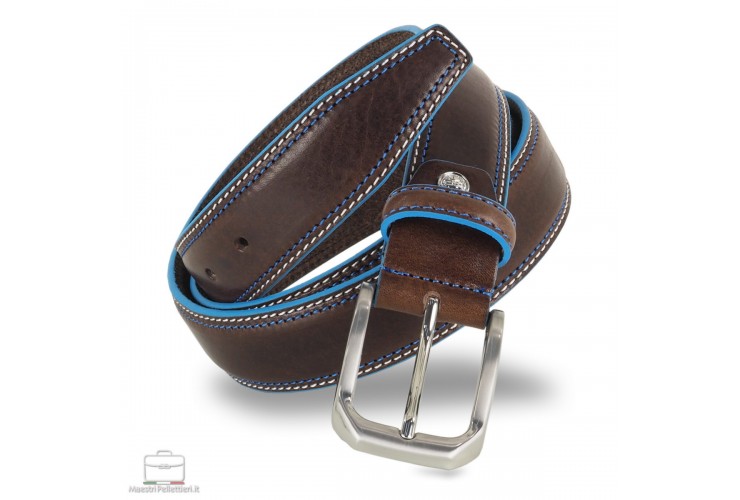 Cintura Uomo in cuoio Marrone con bordi celesti Cintura Uomo in cuoio Marrone con bordi celesti