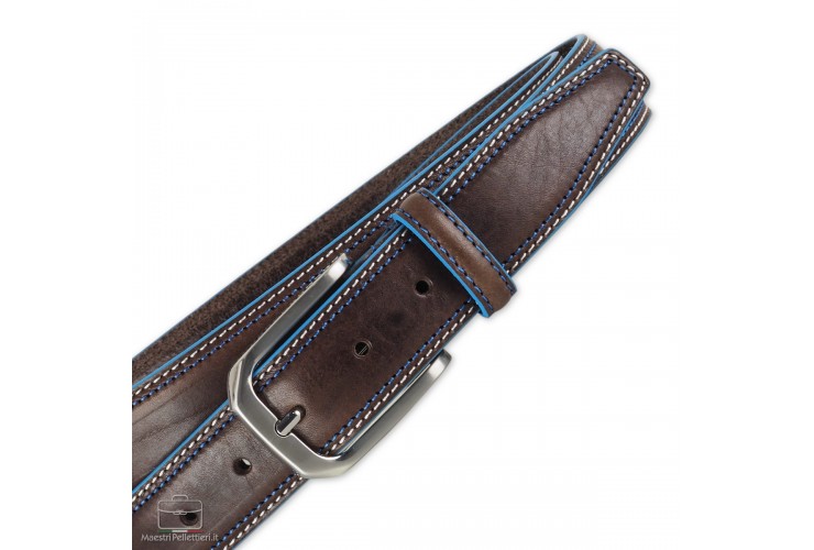 Cintura Uomo in cuoio Marrone con bordi celesti Cintura Uomo in cuoio Marrone con bordi celesti