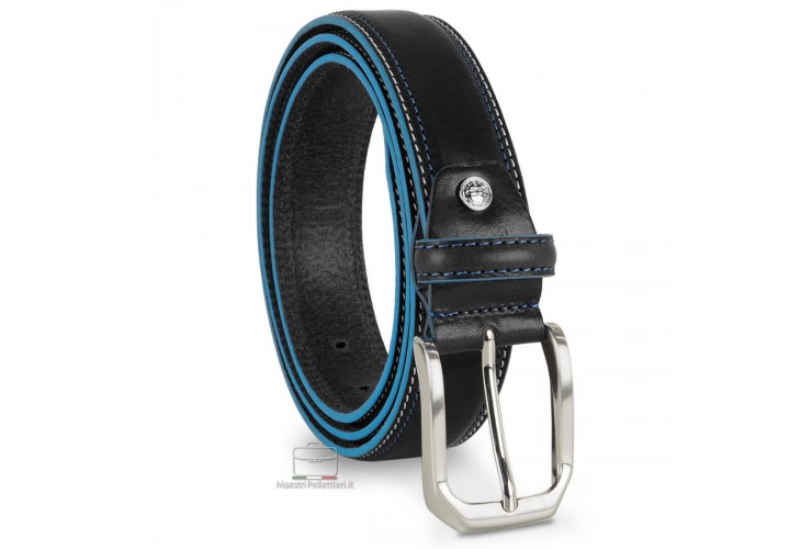 Men's belt in cowhide Black with Blue edges Men's belt in cowhide Black with Blue edges
