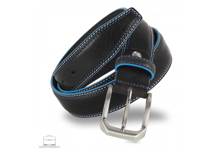 Men's belt in cowhide Black with Blue edges Men's belt in cowhide Black with Blue edges