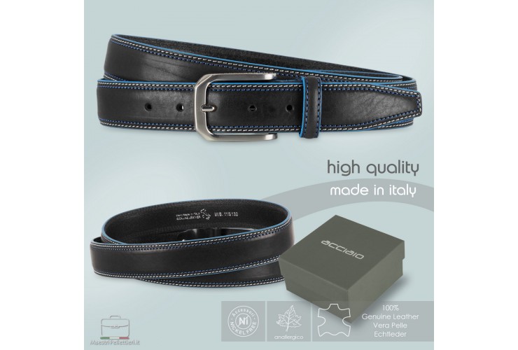 Men's belt in cowhide Black with Blue edges Men's belt in cowhide Black with Blue edges