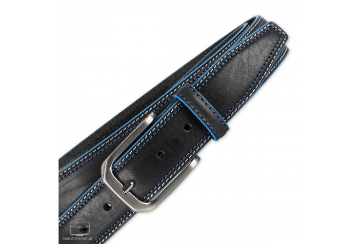 Men's belt in cowhide Black with Blue edges Men's belt in cowhide Black with Blue edges