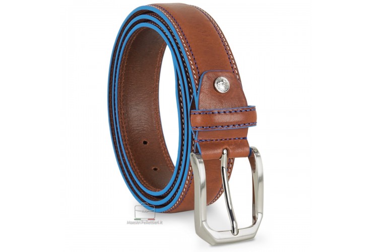Herrengürtel aus Rindsleder Cognac mit blauen kanten Herrengürtel aus Rindsleder Cognac mit blauen kanten