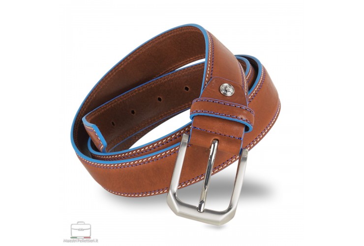Herrengürtel aus Rindsleder Cognac mit blauen kanten Herrengürtel aus Rindsleder Cognac mit blauen kanten