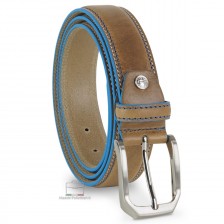 Cintura Uomo in cuoio Taupe/Beige con bordi celesti