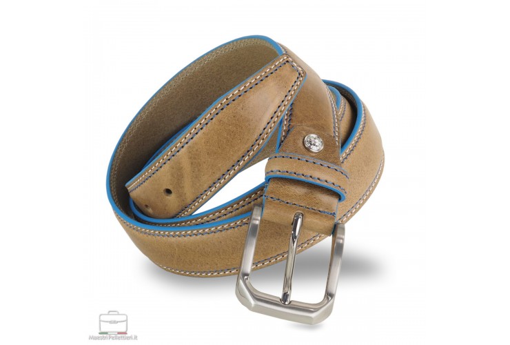 Herrengürtel aus Rindsleder Taupe/Beige mit blauen kanten Herrengürtel aus Rindsleder Taupe/Beige mit blauen kanten