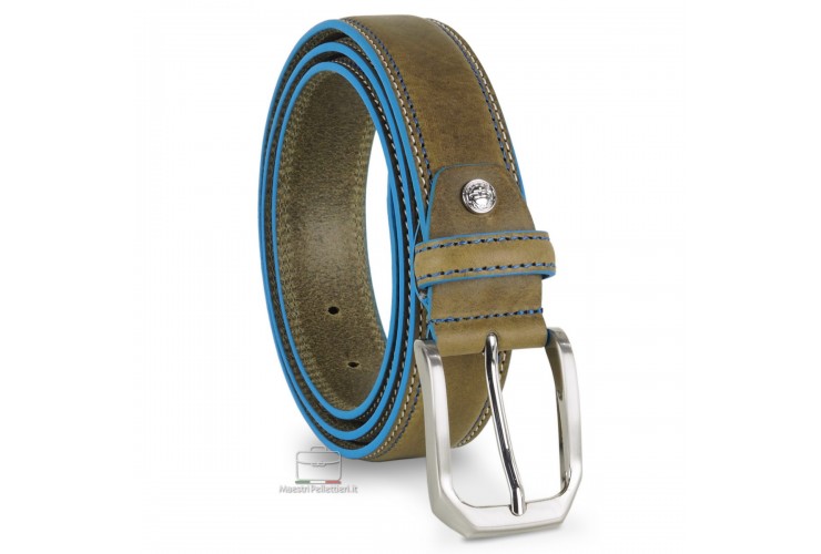 Herrengürtel aus Rindsleder Grün mit blauen kanten Herrengürtel aus Rindsleder Grün mit blauen kanten