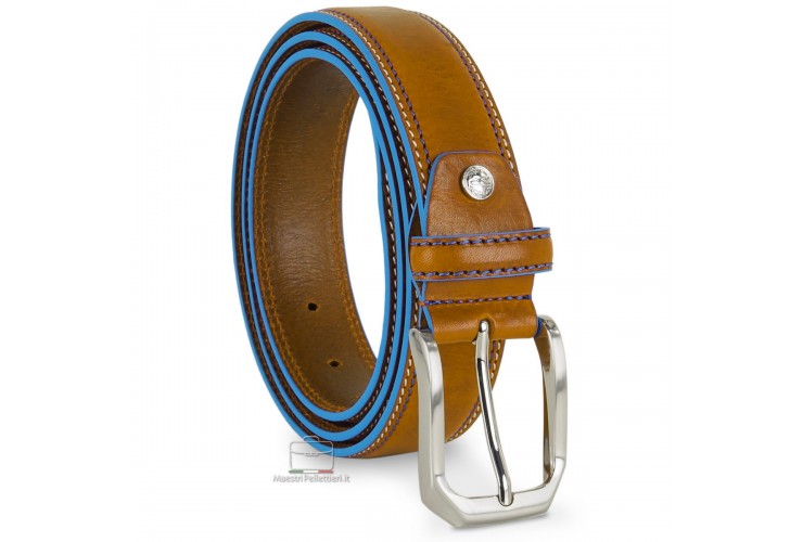 Herrengürtel aus Rindsleder Ockergelb mit blauen kanten Herrengürtel aus Rindsleder Ockergelb mit blauen kanten