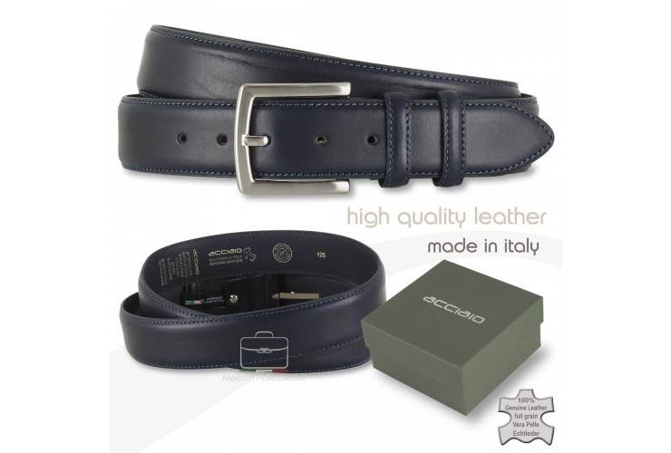 Cintura classica in cuoio 4cm Blu Extra Lunga