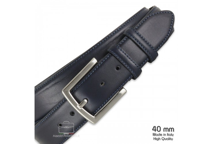 Cintura classica in cuoio 4cm Blu Extra Lunga