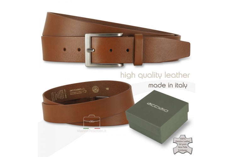 Belt in plain thick leather 4cm for Jeans Cognac
