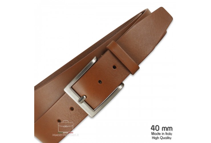 Belt in plain thick leather 4cm for Jeans Cognac