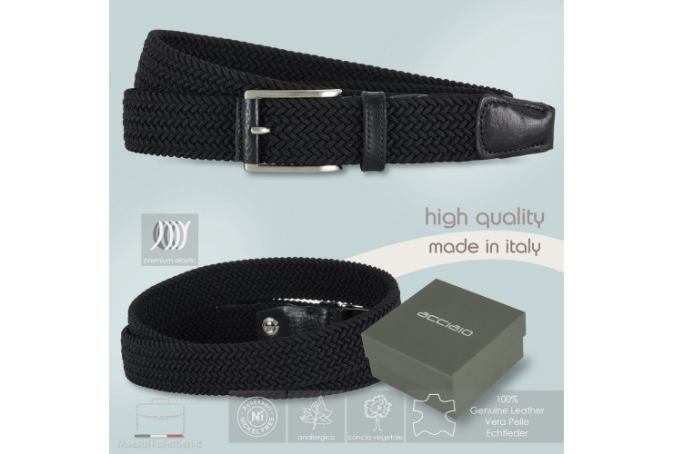 Braided stretch belt elastic with leather appliqués, Black Braided stretch belt elastic with leather appliqués, Black