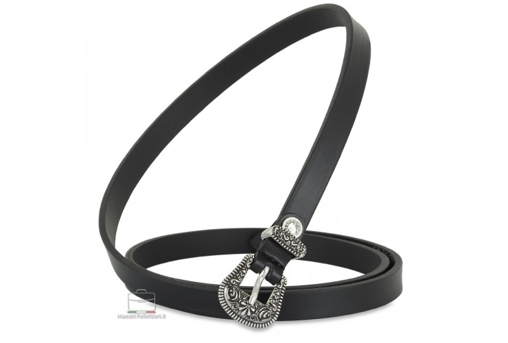 Damengürtel schmal 1.5cm, schnalle Flower, leder Schwarz