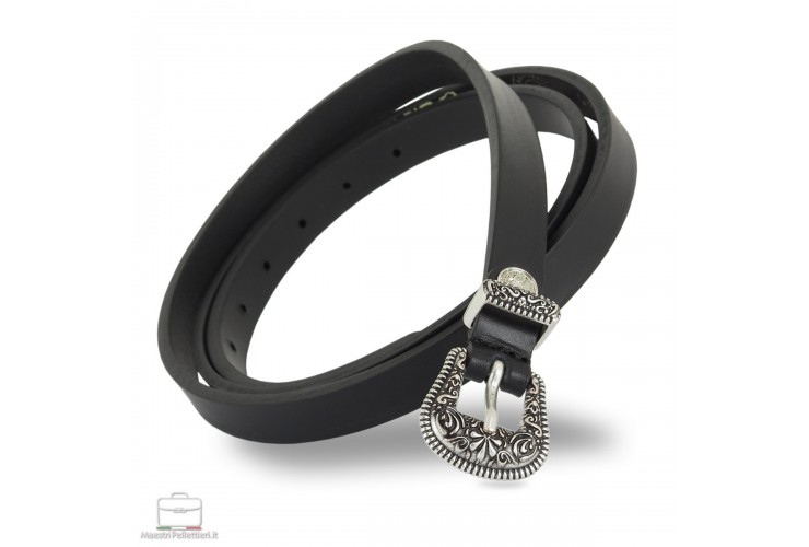 Damengürtel schmal 1.5cm, schnalle Flower, leder Schwarz