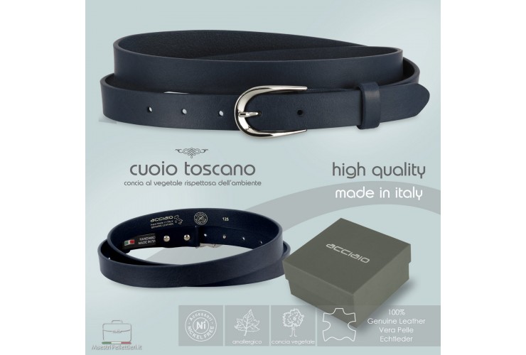 Women's thin belt 2.5cm Silver buckle, leather Blue Women's thin belt 2.5cm Silver buckle, leather Blue
