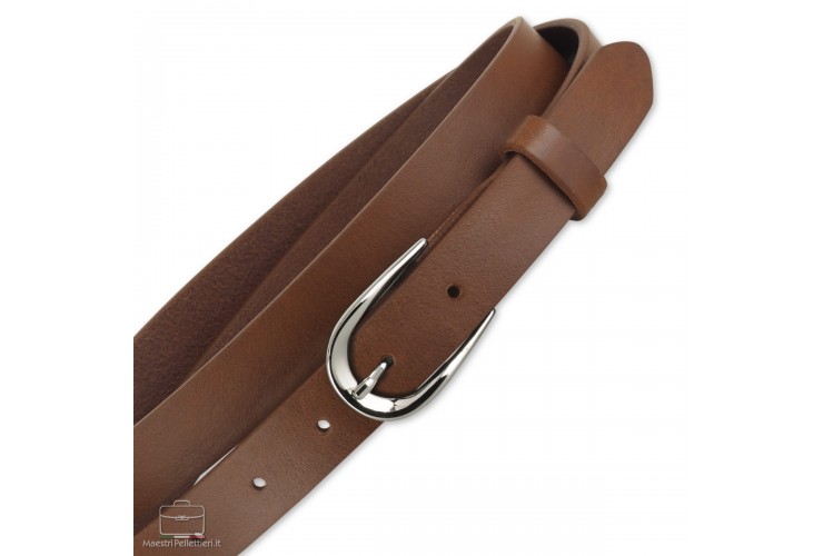 Women's thin belt 2.5cm Silver buckle, leather Chestnut/Brown
