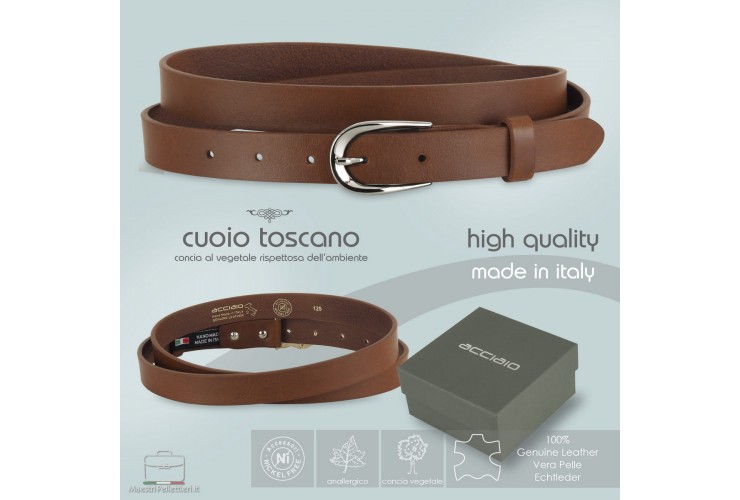 Women's thin belt 2.5cm Silver buckle, leather Chestnut/Brown