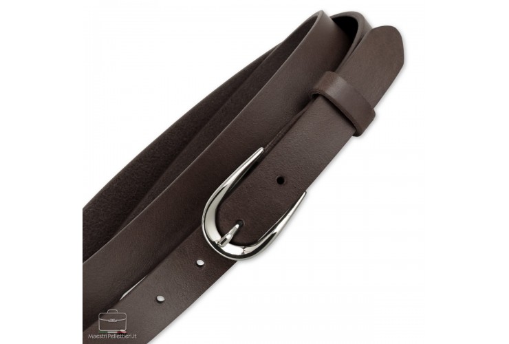 Women's thin belt 2.5cm Silver buckle, leather Brown