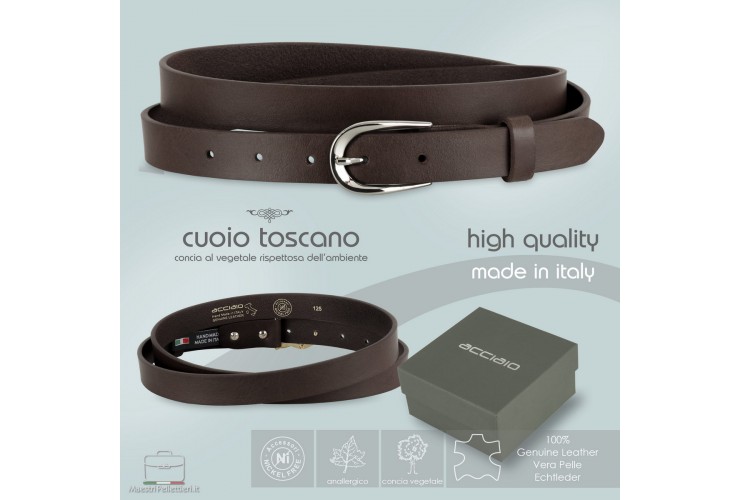 Women's thin belt 2.5cm Silver buckle, leather Brown