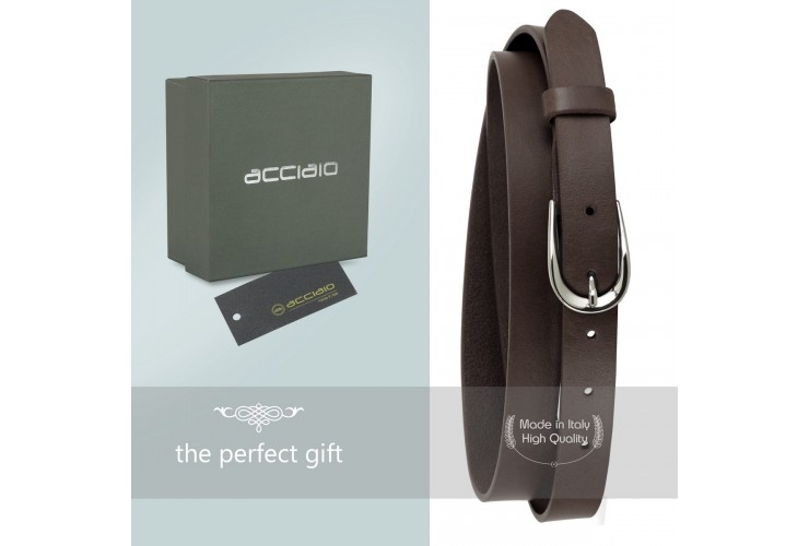 Women's thin belt 2.5cm Silver buckle, leather Brown