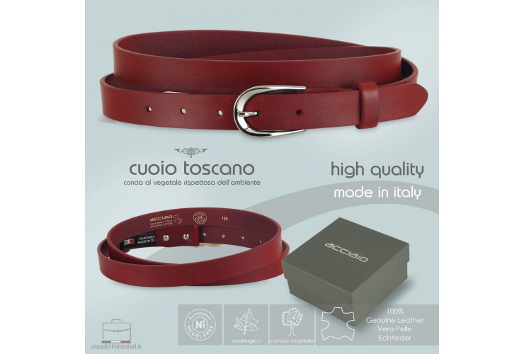 Women's thin belt 2.5cm Silver buckle, leather Red Women's thin belt 2.5cm Silver buckle, leather Red