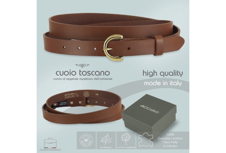 Women's thin belt 2.5cm Gold buckle, leather mid Brown Women's thin belt 2.5cm Gold buckle, leather mid Brown