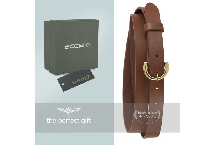 Women's thin belt 2.5cm Gold buckle, leather mid Brown Women's thin belt 2.5cm Gold buckle, leather mid Brown