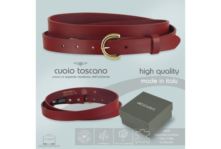 Women's thin belt 2.5cm Gold buckle, leather Red Women's thin belt 2.5cm Gold buckle, leather Red