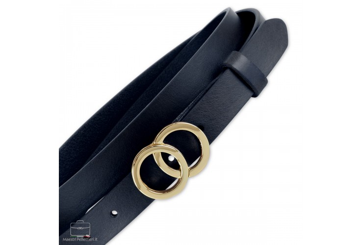 Cintura Donna sottile 2.5cm cuoio Blu fibbia Eclipse Oro Cintura Donna sottile 2.5cm cuoio Blu fibbia Eclipse Oro