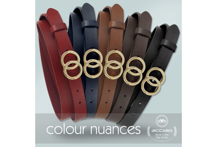 Women's skinny belt 2.5cm Eclipse Gold buckle, leather Brown