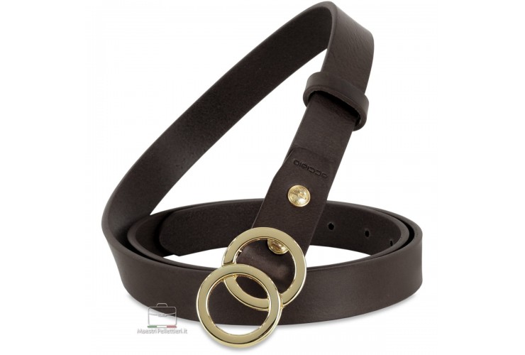 Women's skinny belt 2.5cm Eclipse Gold buckle, leather Brown